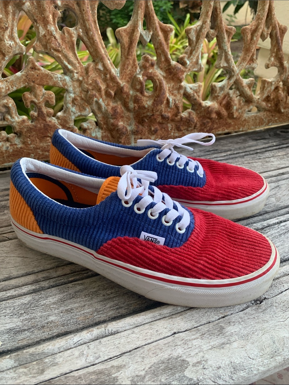 Vans Era Low-Top Corduroy Sneakers in Red, Blue, and Orange Women 8 1/2 / Men 7